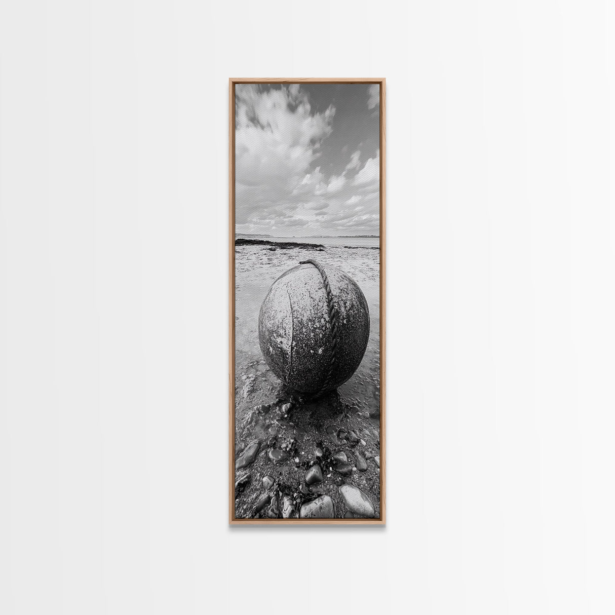 Weathered Buoy Ball, Rustic Coastal, Beach Decor, Nautical Minimalism, Framed Canvas Print, Bathroom Wall Art, Ocean Inspired Design