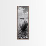 Weathered Buoy Ball, Rustic Coastal, Beach Decor, Nautical Minimalism, Framed Canvas Print, Bathroom Wall Art, Ocean Inspired Design