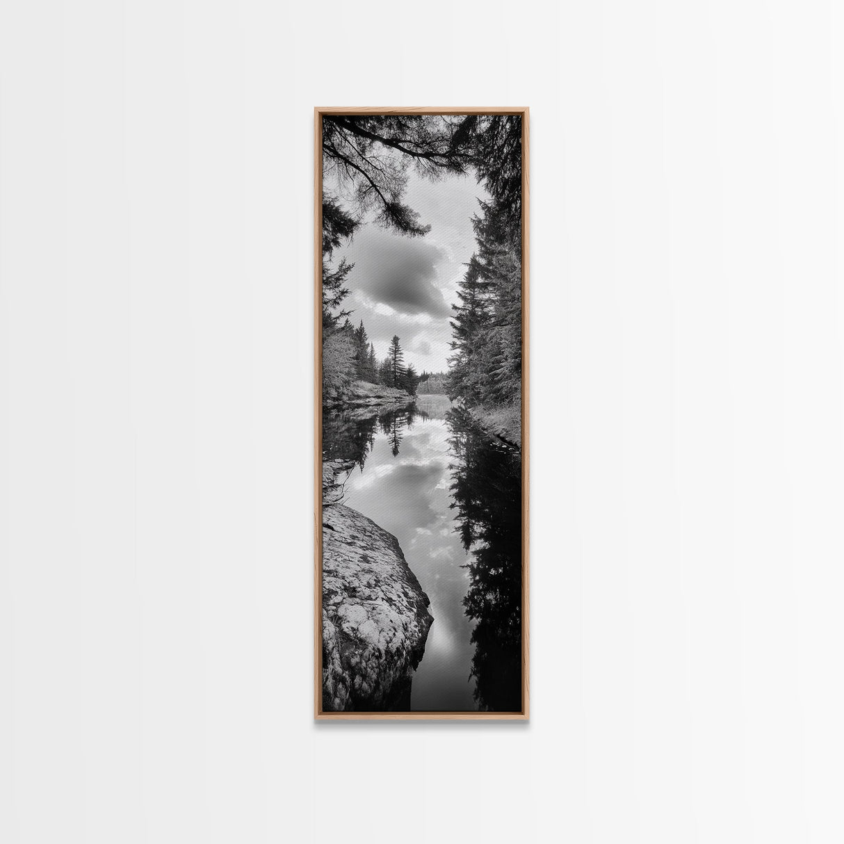 Forest Reflection, Lake Stillness, Tranquil Pines, Nature Calm, Black and White Canvas Print, Bedroom Wall Art, Cabin Vibes