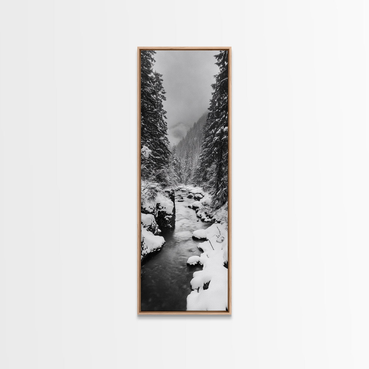 Winter Forest, Snowy River, Pine Trees, Canvas Print, Cozy Cabin Wall Art, Nature Lover Gift, Scandinavian Style, Holiday Decor, Bedroom Decor