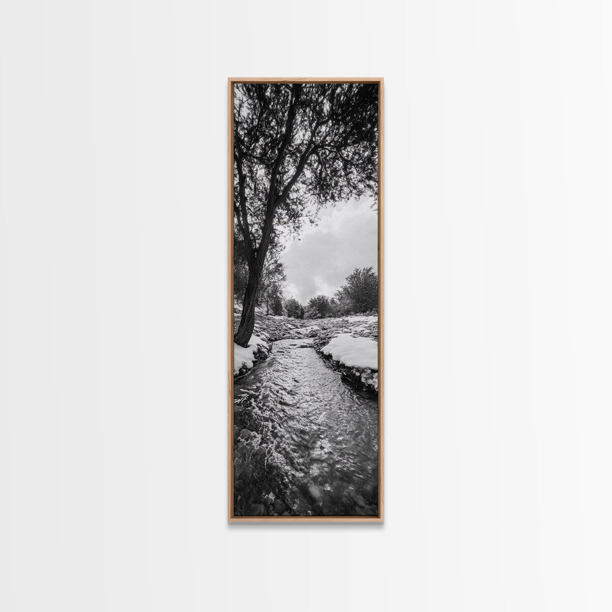Peaceful Creek, Snow Trees, Winter Flow, Framed Canvas Print, Rustic Nature Art, Farmhouse Wall Decor, Serene Entryway Accent, Bedroom Decor
