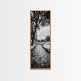Peaceful Creek, Snow Trees, Winter Flow, Framed Canvas Print, Rustic Nature Art, Farmhouse Wall Decor, Serene Entryway Accent, Bedroom Decor