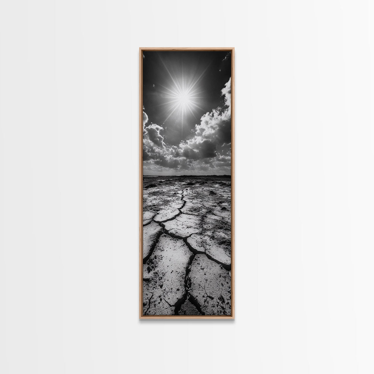 Cracked Earth, Sunburst Sky, Natural Texture, Desert Landscape, Framed Canvas Print, Rustic Decor, Earth Tone Art, Office Wall Art