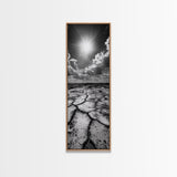 Cracked Earth, Sunburst Sky, Natural Texture, Desert Landscape, Framed Canvas Print, Rustic Decor, Earth Tone Art, Office Wall Art