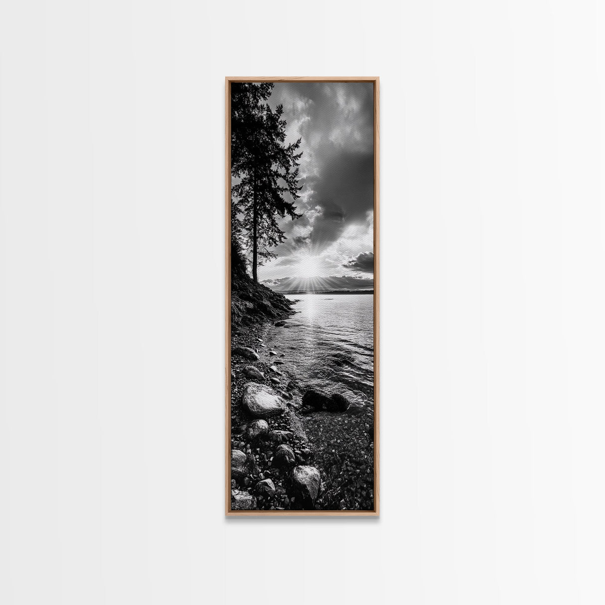 Tree Shoreline, Tranquil Water, Sunset Reflection, Peaceful Horizon, Framed Canvas Print, Nature Photography, Cabin Wall Art