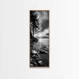 Tree Shoreline, Tranquil Water, Sunset Reflection, Peaceful Horizon, Framed Canvas Print, Nature Photography, Cabin Wall Art