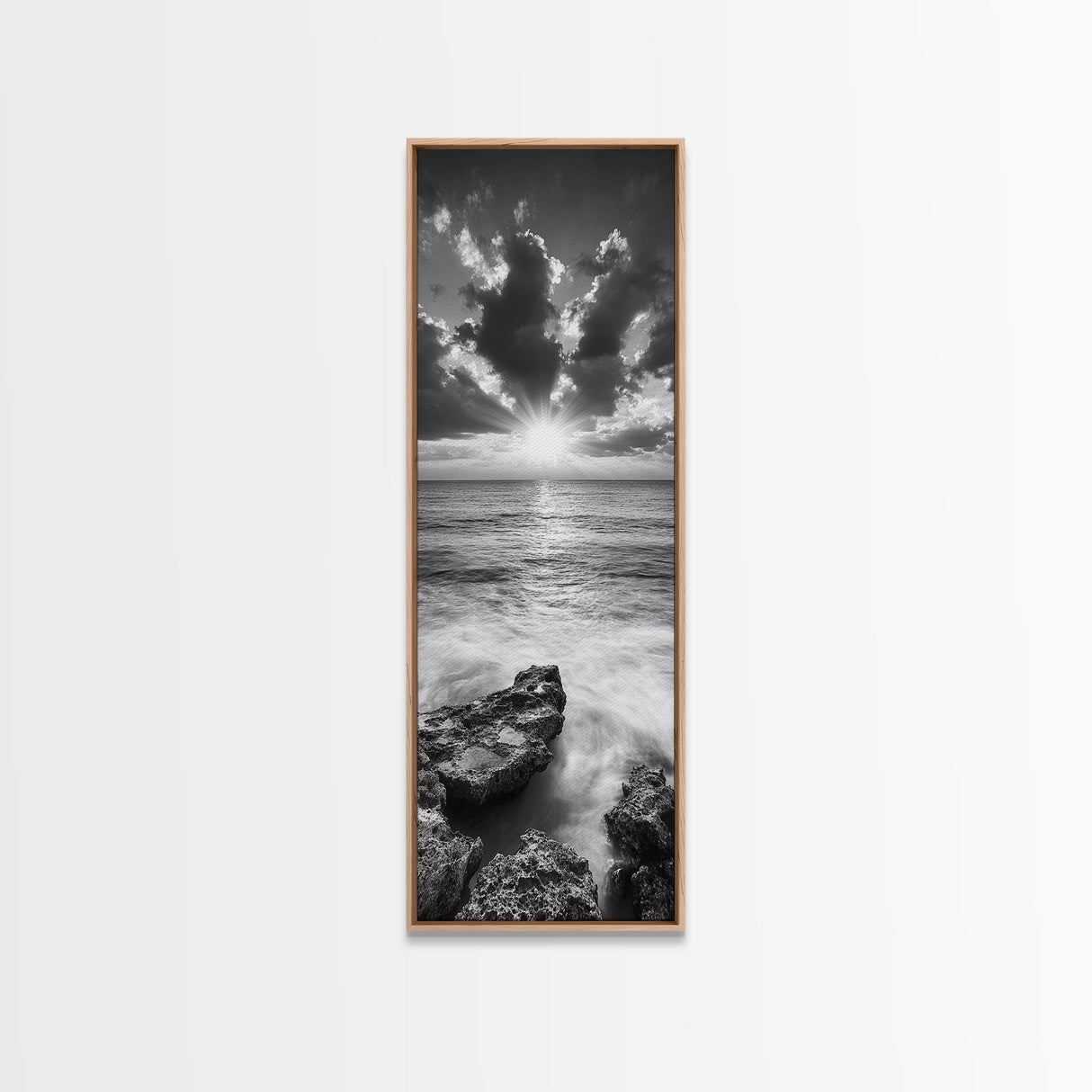 Rocky Sea, Glowing Horizon, Soft Waves, Twilight Sky, Canvas Print, Coastal Art, Living Room Wall Art, Seaside Modern Decor