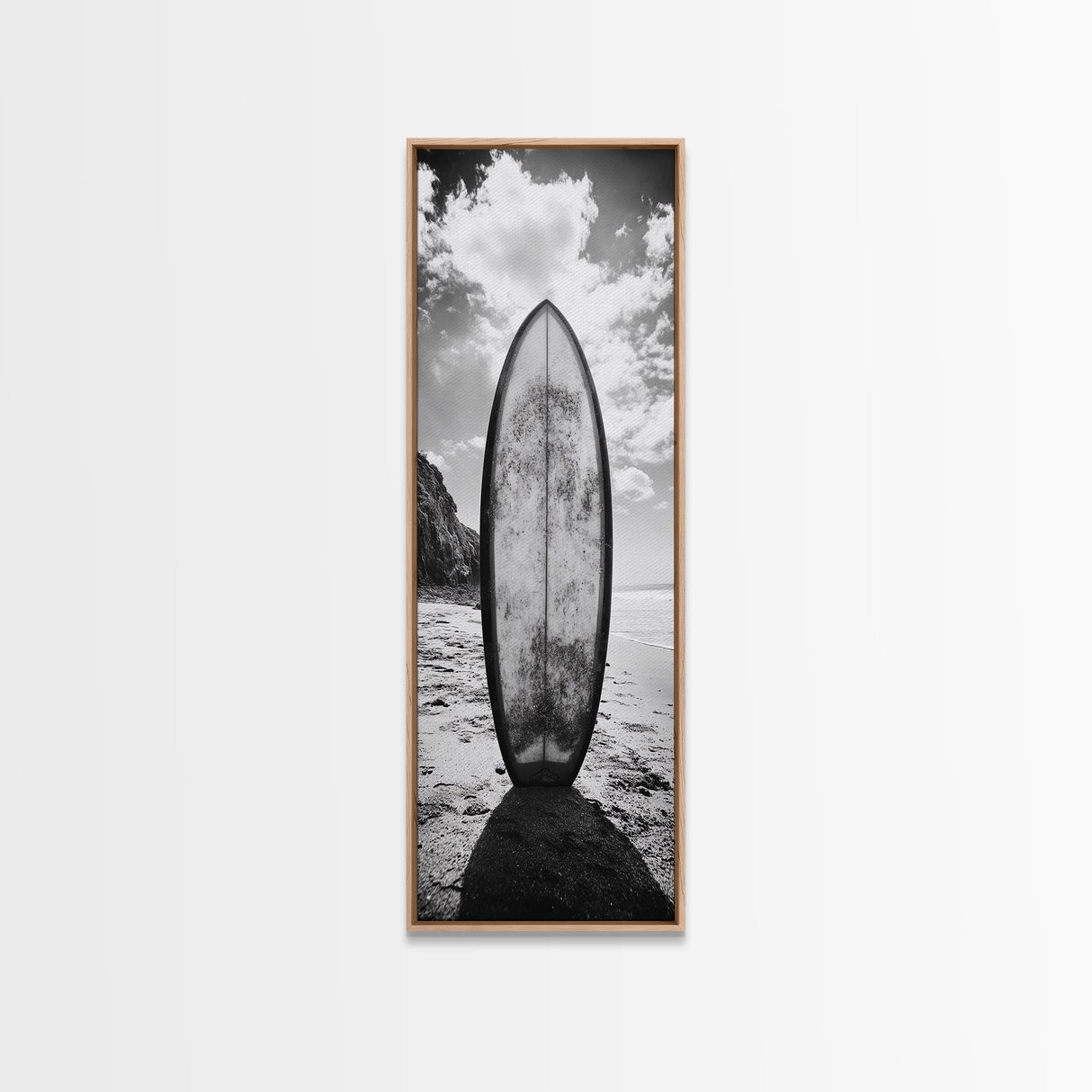 Surfboard Vertical, Sandy Beach, Coastal Rocks, Ocean Horizon, Framed Canvas Print, Surf Art, Dorm Room Decor, Tropical Vibe