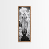 Surfboard Vertical, Sandy Beach, Coastal Rocks, Ocean Horizon, Framed Canvas Print, Surf Art, Dorm Room Decor, Tropical Vibe