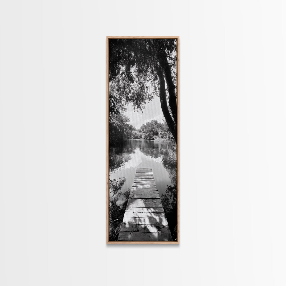 Tranquil Dock, Lake Stillness, Nature Reflection, Forest Retreat, Framed Canvas Print, Cabin Wall Art, Rustic Style, Bedroom Decor