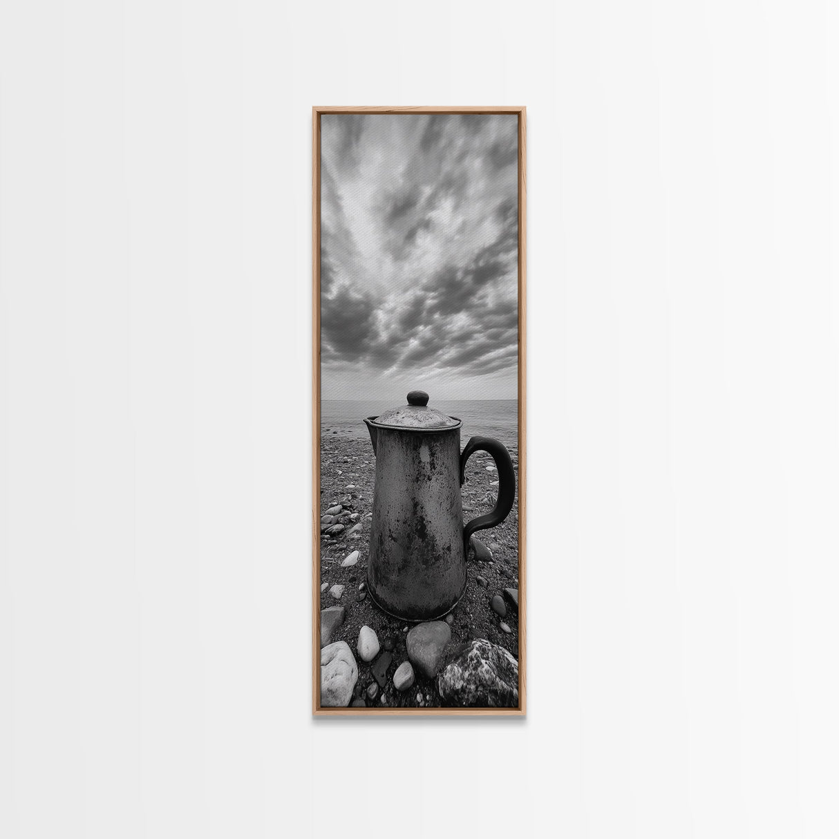 Seaside Coffee Pot, Rustic Beach, Moody Vibes, Framed Canvas Print, Farmhouse Decor, Kitchen Wall Art, Coastal Neutral Artwork