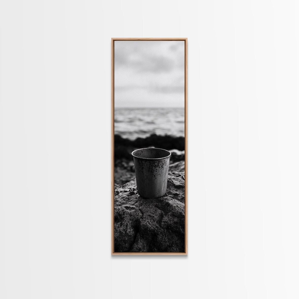 Metal Cup, Shoreline Still Life, Rustic Seaside, Canvas Print, Vintage Aesthetic, Coastal Kitchen Wall Art, Minimal Beach Mood