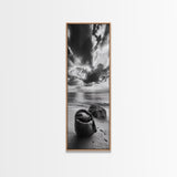 Coastal Bag, Driftwood Rock, Stormy Sea, Framed Canvas Print, Moody Beach Wall Art, Minimalist Decor, Ocean Vibe Photography