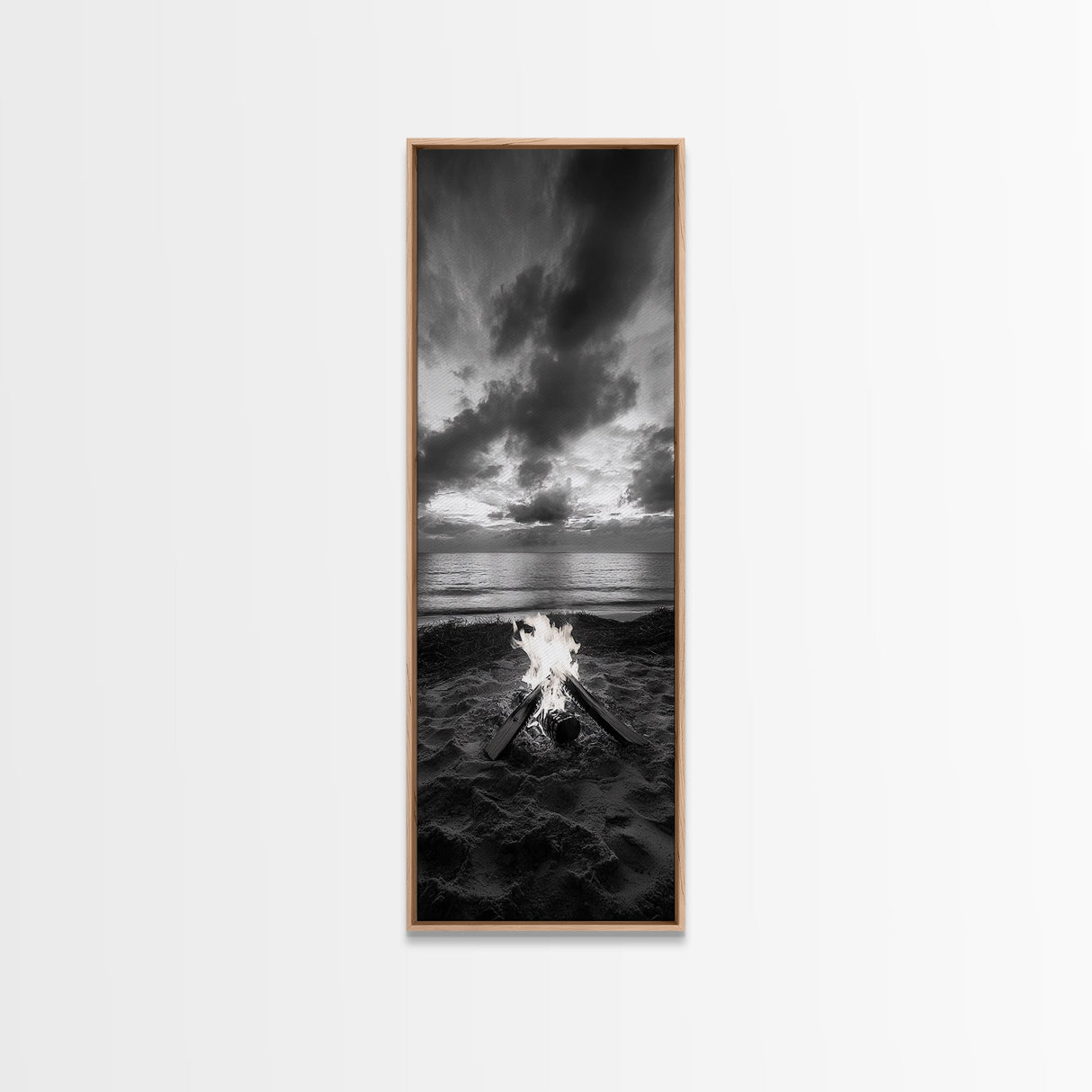 Campfire Glow Dusk, Beach Bonfire, Ocean Sunset Flame, Cozy Evening Mood, Framed Canvas Print, Fall Wall Art, Cabin Living Room Decor