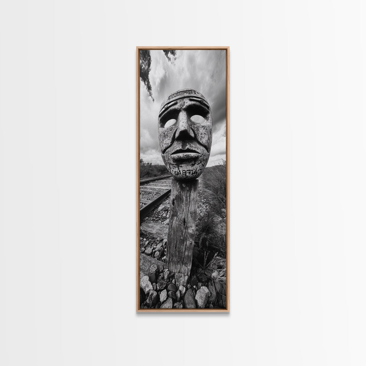 Tribal Mask, Railway Art, Abstract Face, Canvas Print, Surreal Wall Art, Eclectic Living Room Decor, Boho Urban Art, Monochrome Photography