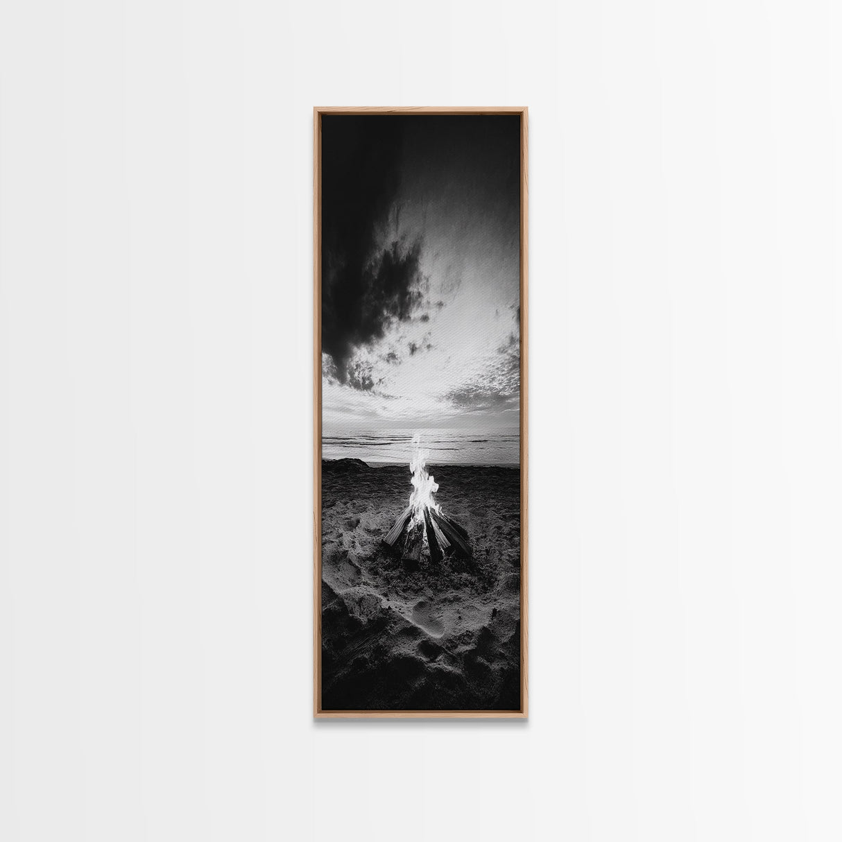 Peaceful Beach Fire, Twilight Shore, Ocean Ember, Tranquil Seascape, Framed Canvas Print, Autumn Wall Art, Rustic Nature Room Decor