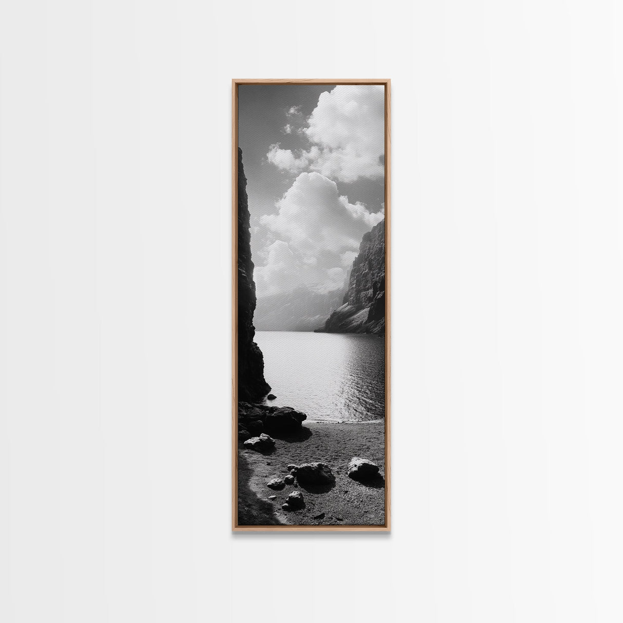 Fjord Mountain Lake, Scenic Nordic Landscape, Tranquil Nature Print, Minimalist Wall Art, Bedroom Decor, Framed Canvas Print