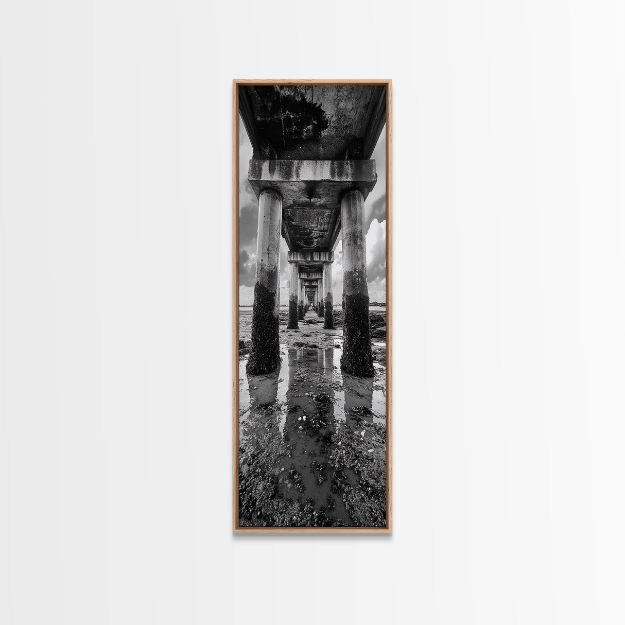 Pier Perspective, Symmetrical Architecture Art, Coastal Concrete Structure, Industrial Minimalist Decor, Framed Canvas Print