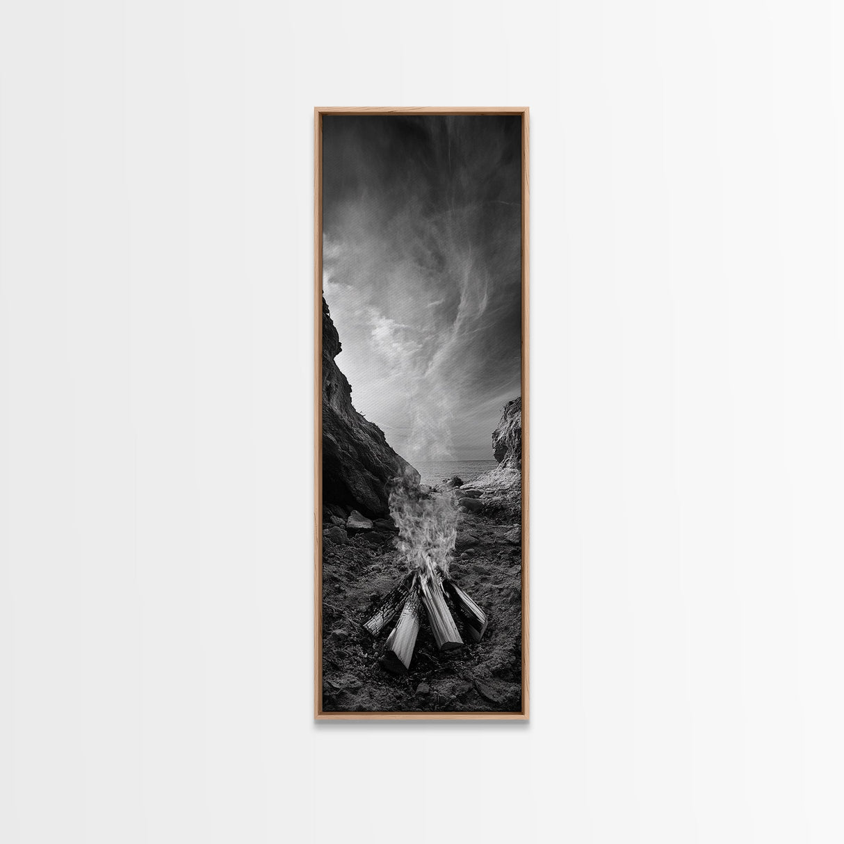 Campfire Smoke, Rocky Coastline, Moody Skies, Autumn Nature, Framed Canvas Print, Rustic Wall Decor, Cabin Aesthetic, Living Room Art