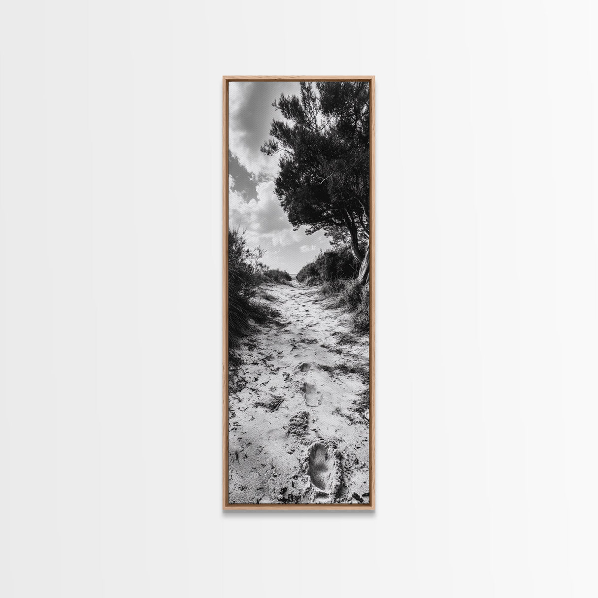 Sandy Trail Path, Coastal Forest Walk, Nature Photography, Framed Canvas Print, Boho Bedroom Wall Art, Minimalist Seaside Home Decor