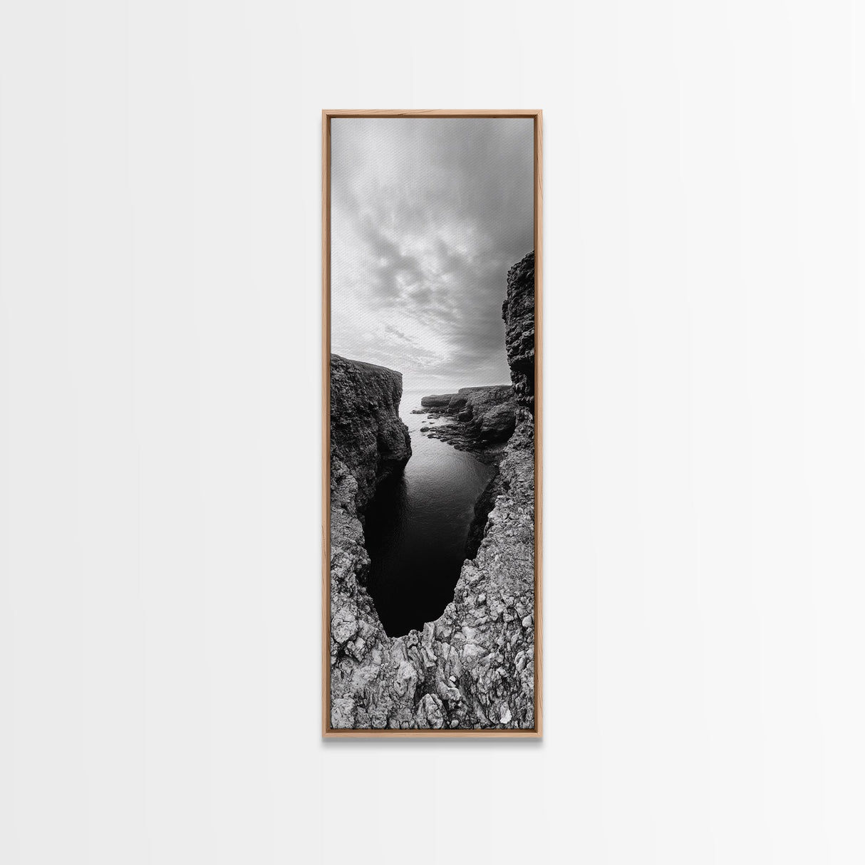 Seaside Cliffscape, Ocean Horizon, Monochrome Nature Scene, Framed Canvas Print, Coastal Living Room Art, Modern Rustic Wall Decor