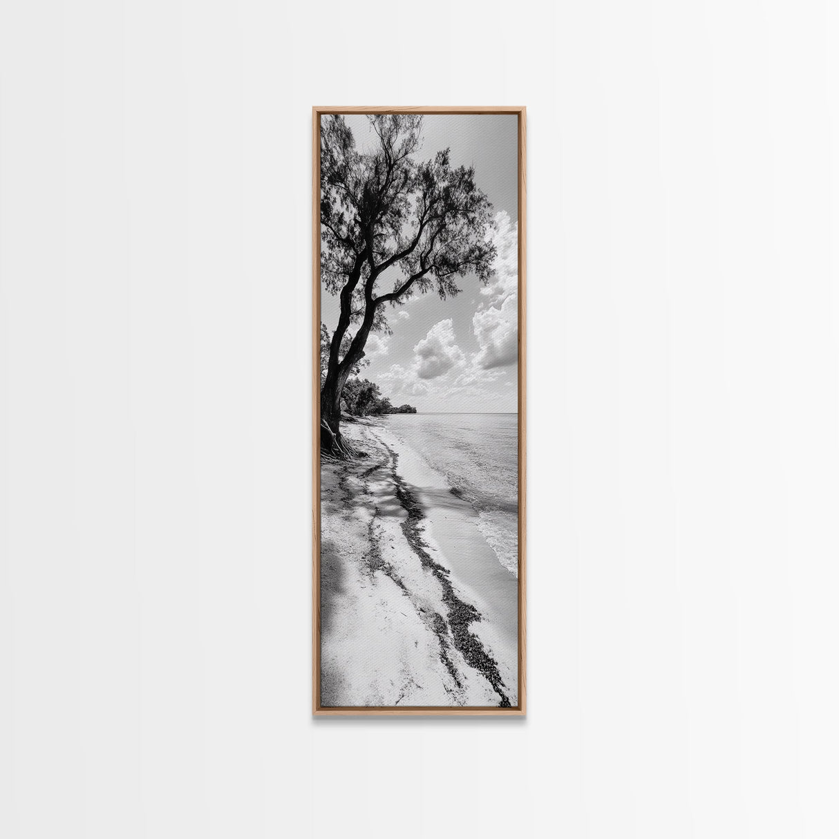 Serene Beach Tree, Calm Ocean Coast, Black White Shoreline, Framed Canvas Print, Coastal Entryway Decor, Minimal Nature Wall Art