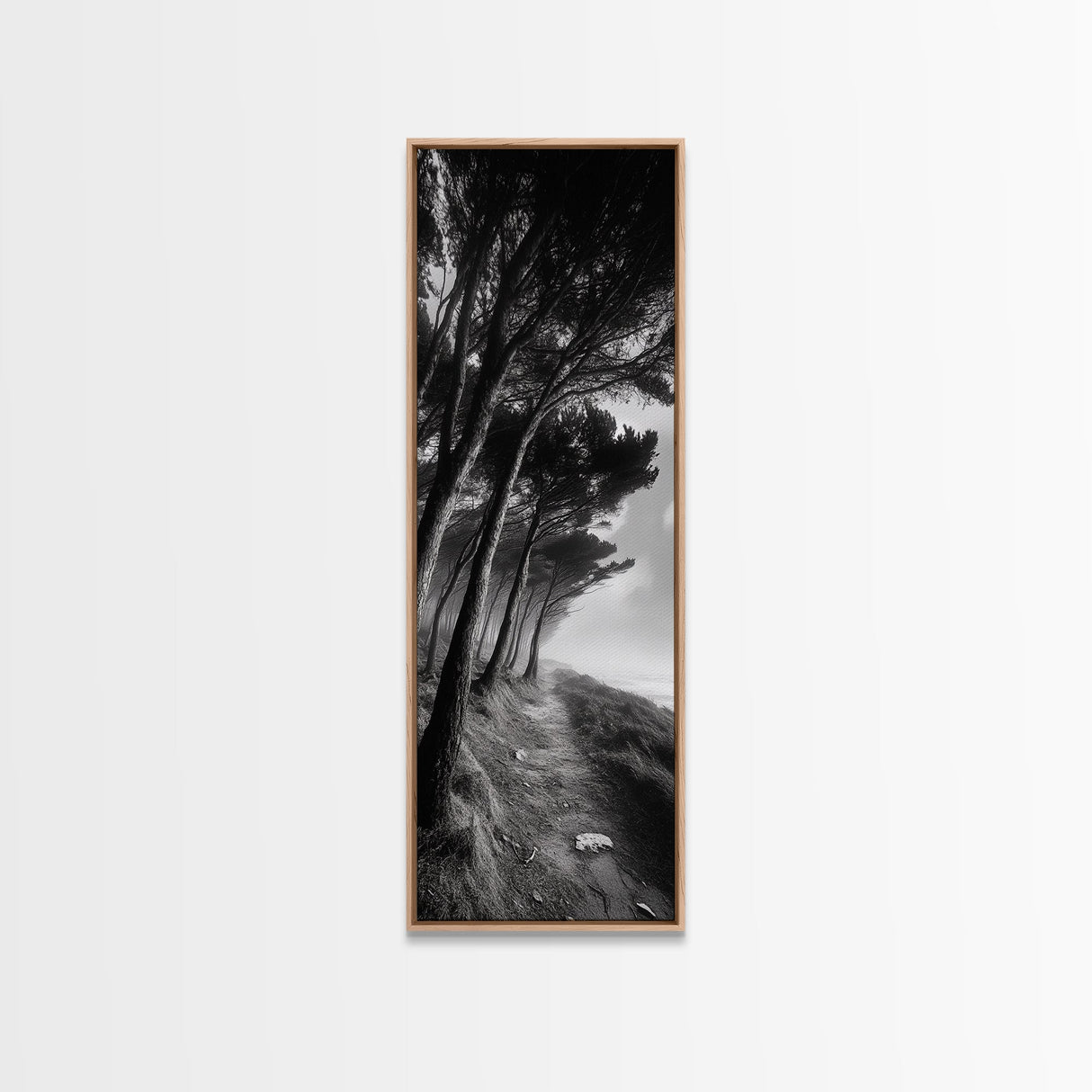 Windy Forest Trail, Dark Coastal Trees, Atmospheric Nature, Framed Canvas Print, Fall Living Room Wall Art, Moody Landscape Aesthetic