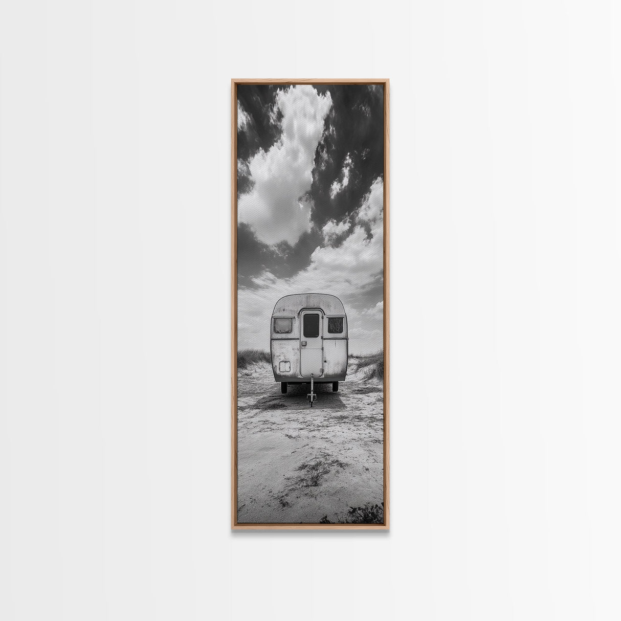 Vintage Camper, Cloudy Sky, Wanderlust Life, Desert Minimalism, Framed Canvas Print, Retro Travel Wall Art, Boho Bedroom Print, Office Art