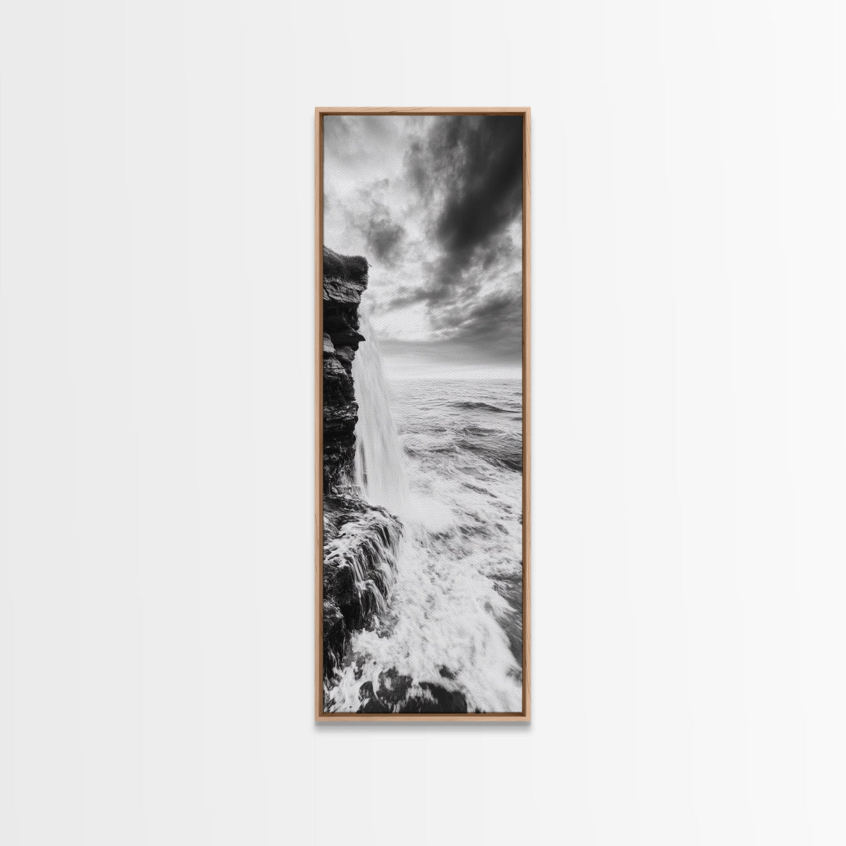 Ocean Waterfall, Coastal Nature, Monochrome Landscape, Framed Canvas Print, Minimalist Bathroom Wall Art, Black White Ocean Art