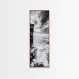 Ocean Waterfall, Coastal Nature, Monochrome Landscape, Framed Canvas Print, Minimalist Bathroom Wall Art, Black White Ocean Art