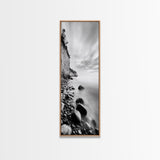 Rocky Shoreline, Coastal Calm, Seaside Mist, Canvas Print, Black White Minimalist Wall Art, Serene Bedroom or Bathroom Decor