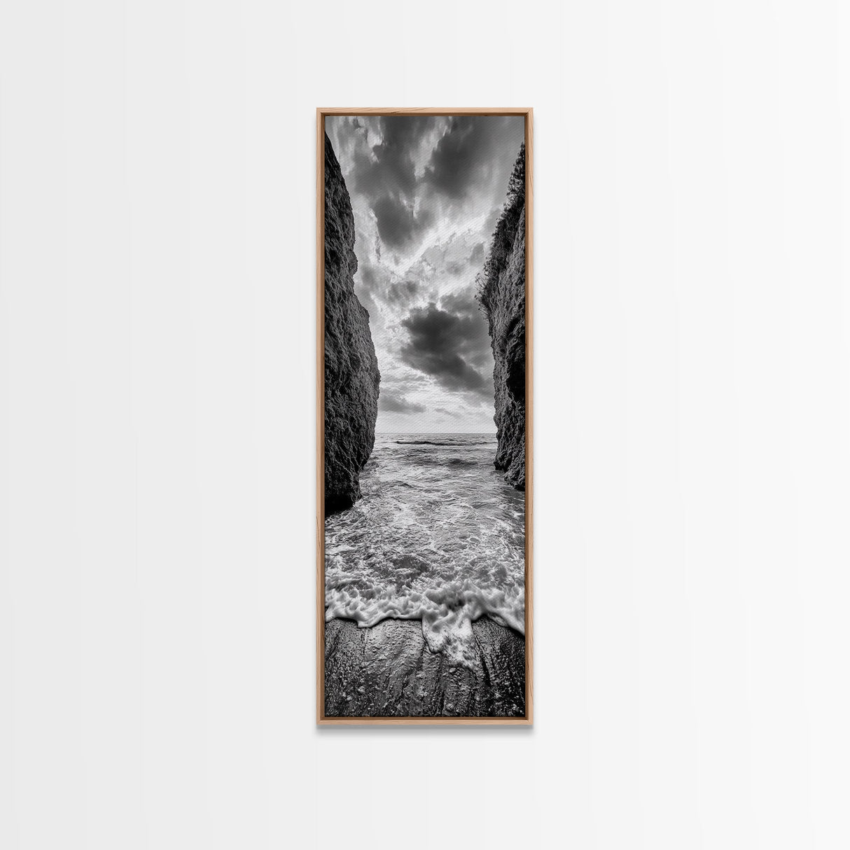 Ocean Gap, Cliffside Horizon, Black White Waves, Framed Canvas Print, Modern Coastal Wall Art, Nautical Living Room Decor,  Nature Decor