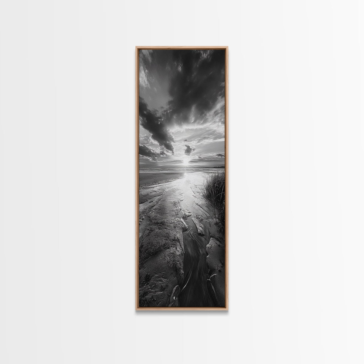 Sunset Shore, River Stream, Dramatic Sky, Framed Canvas Print, Nature Wall Art, Fall Landscape Decor, Tranquil Home Accent, Rustic Room Decor
