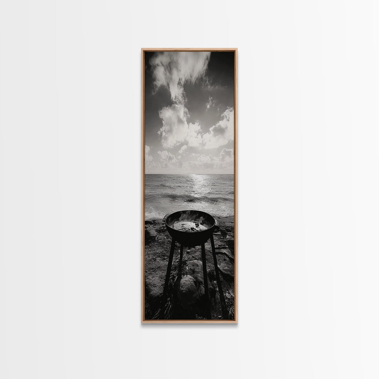 Smoky Grill, Seaside BBQ, Coastal Cooking, Framed Canvas Print, Rustic Outdoor Kitchen Art, Summer Vibes Wall Decor, Moody Beach Scene