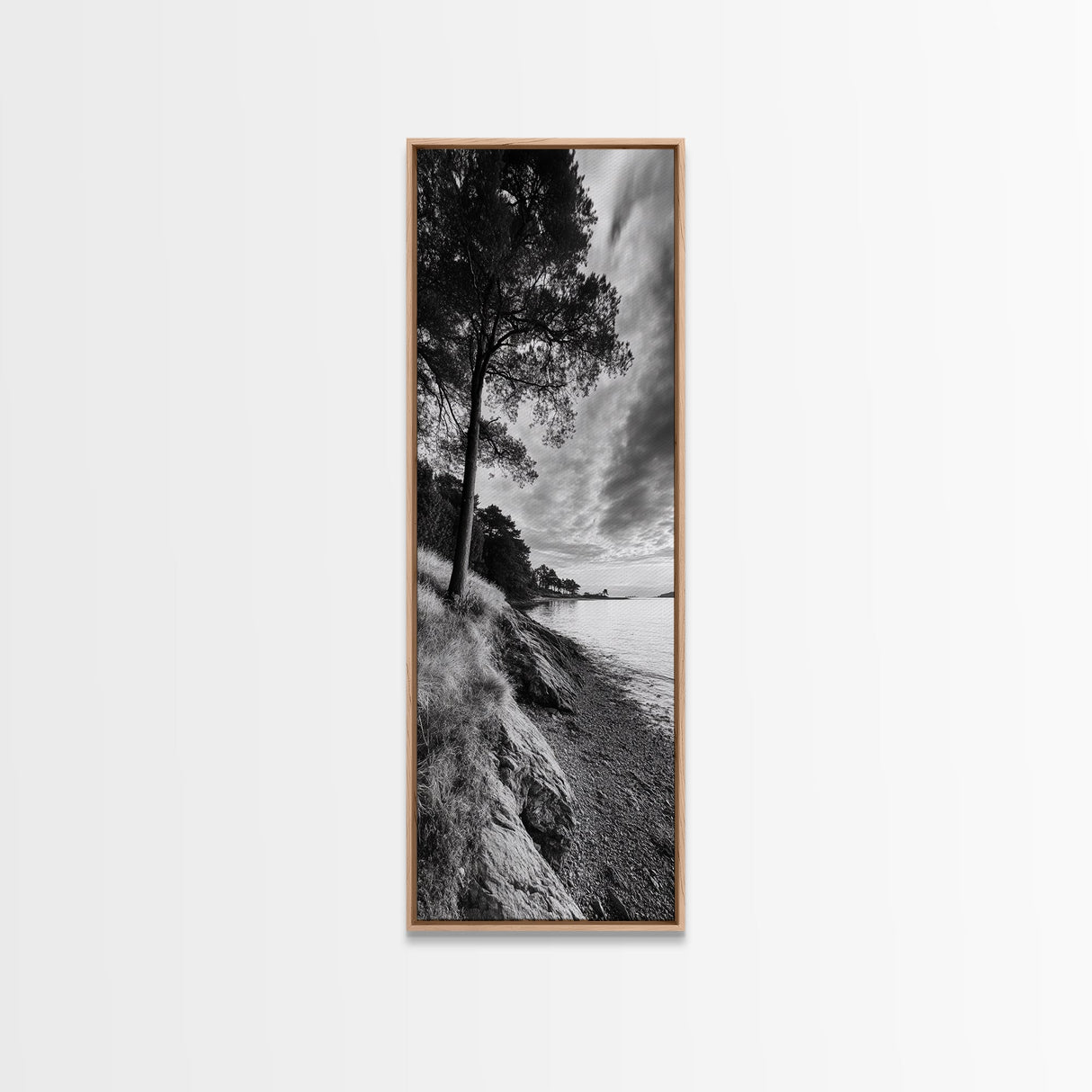 Coastal Tree, Ocean Horizon, Windswept Shore, Nature Calm, Moody Sky, Framed Canvas Print, Office Wall Art, Coastal Rustic Aesthetic
