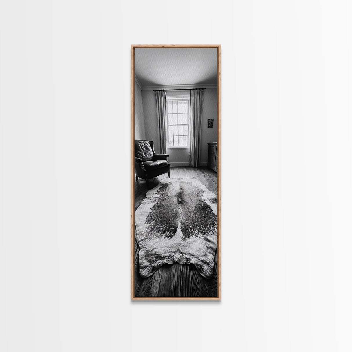 Leather Chair, Cozy Window, Cowhide Rug, Framed Canvas Print, Farmhouse Living Room Decor, Rustic Minimalist Art, Monochrome Interior