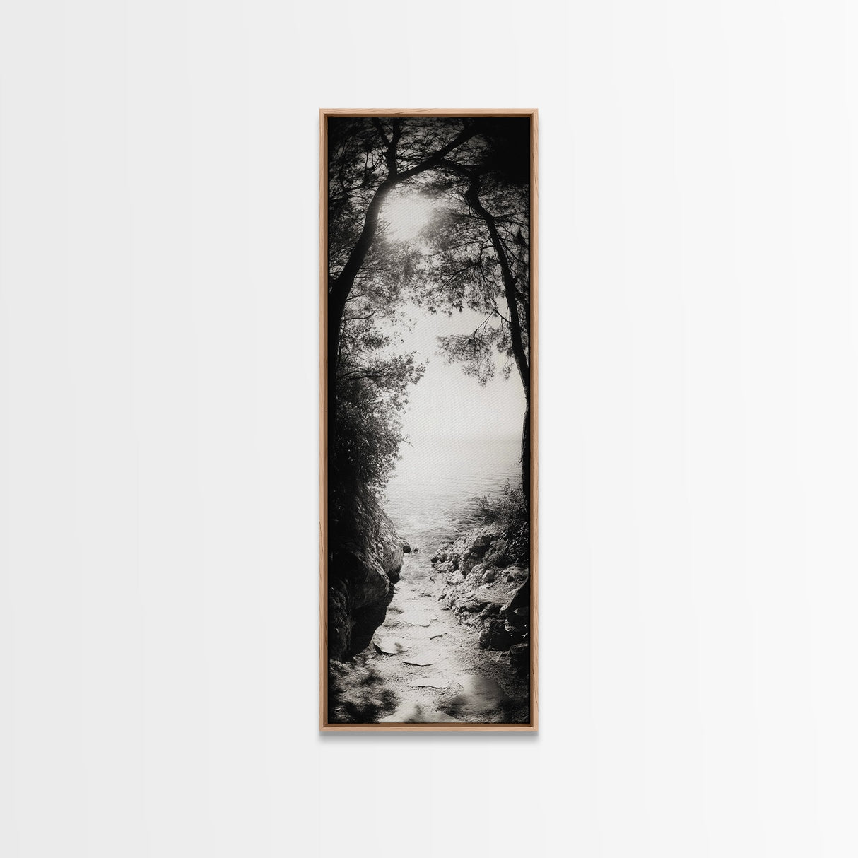Ocean Pathway, Forest Light, Peaceful Coast, Dreamy Trail, Nature Escape, Framed Canvas Print, Entryway Wall Art, Moody Landscape
