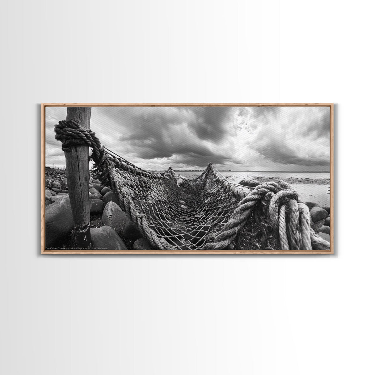 Fishing Net, Stormy Shore, Maritime Nostalgia, Rugged Rope Art, Framed Canvas Print, Nautical Living Room Wall Decor