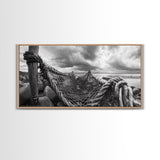Fishing Net, Stormy Shore, Maritime Nostalgia, Rugged Rope Art, Framed Canvas Print, Nautical Living Room Wall Decor