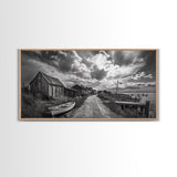Seaside Village, Driftwood Cabins, Coastal Road, Vintage Fishing Town, Framed Canvas Print, Rustic Kitchen Wall Art, Moody Monochrome