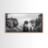 Misty Coastal Cliffs, Ocean Horizon, Monochrome Art, Nature Landscape, Canvas Print, Rustic Living Room Decor, Moody Wall Art, Black and White