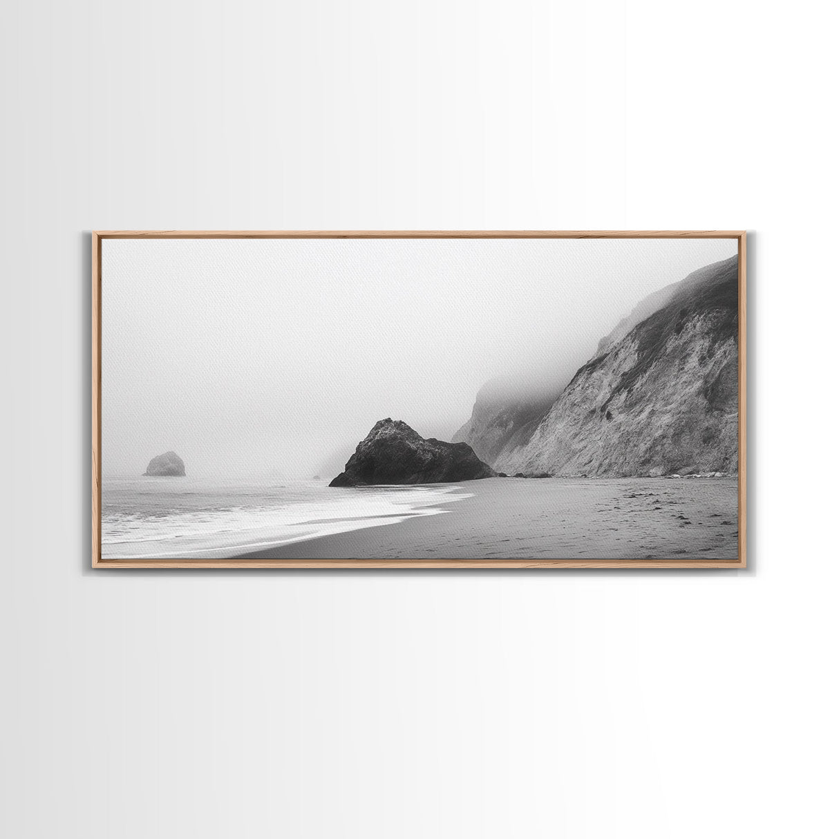 Foggy Beach Boulders, Minimalist Shoreline, Moody Monochrome, Canvas Print, Neutral Bathroom Art, Zen Wall Decor, Calm Coastal Scene