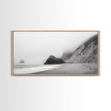 Foggy Beach Boulders, Minimalist Shoreline, Moody Monochrome, Canvas Print, Neutral Bathroom Art, Zen Wall Decor, Calm Coastal Scene
