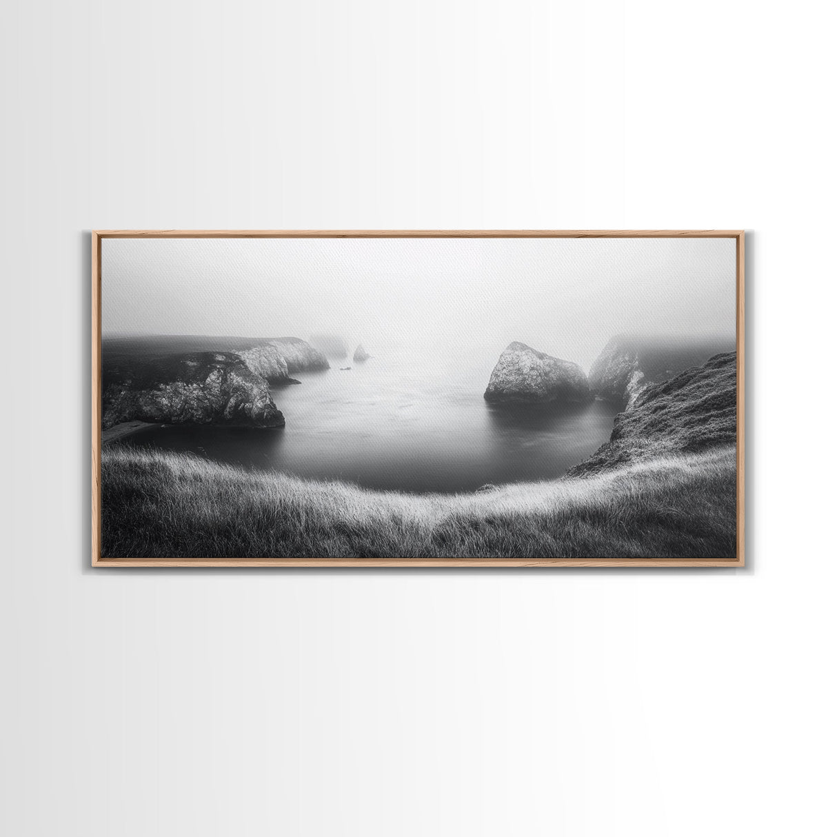 Serene Fog Cliffs, Dreamy Coastline, Soft Light Seascape, Canvas Print, Tranquil Bedroom Wall Art, Minimal Nature Photography
