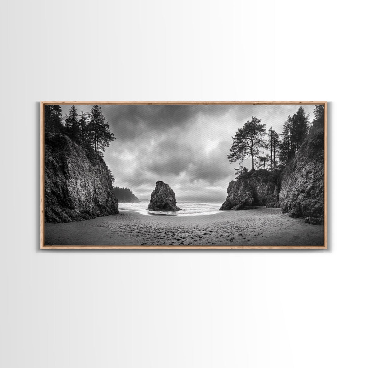 Hidden Coastal Cove, Dramatic Ocean Scene, Natural Seascape, Canvas Print, Rustic Cabin Wall Art, Black and White Beach Photography