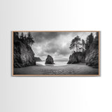 Hidden Coastal Cove, Dramatic Ocean Scene, Natural Seascape, Canvas Print, Rustic Cabin Wall Art, Black and White Beach Photography