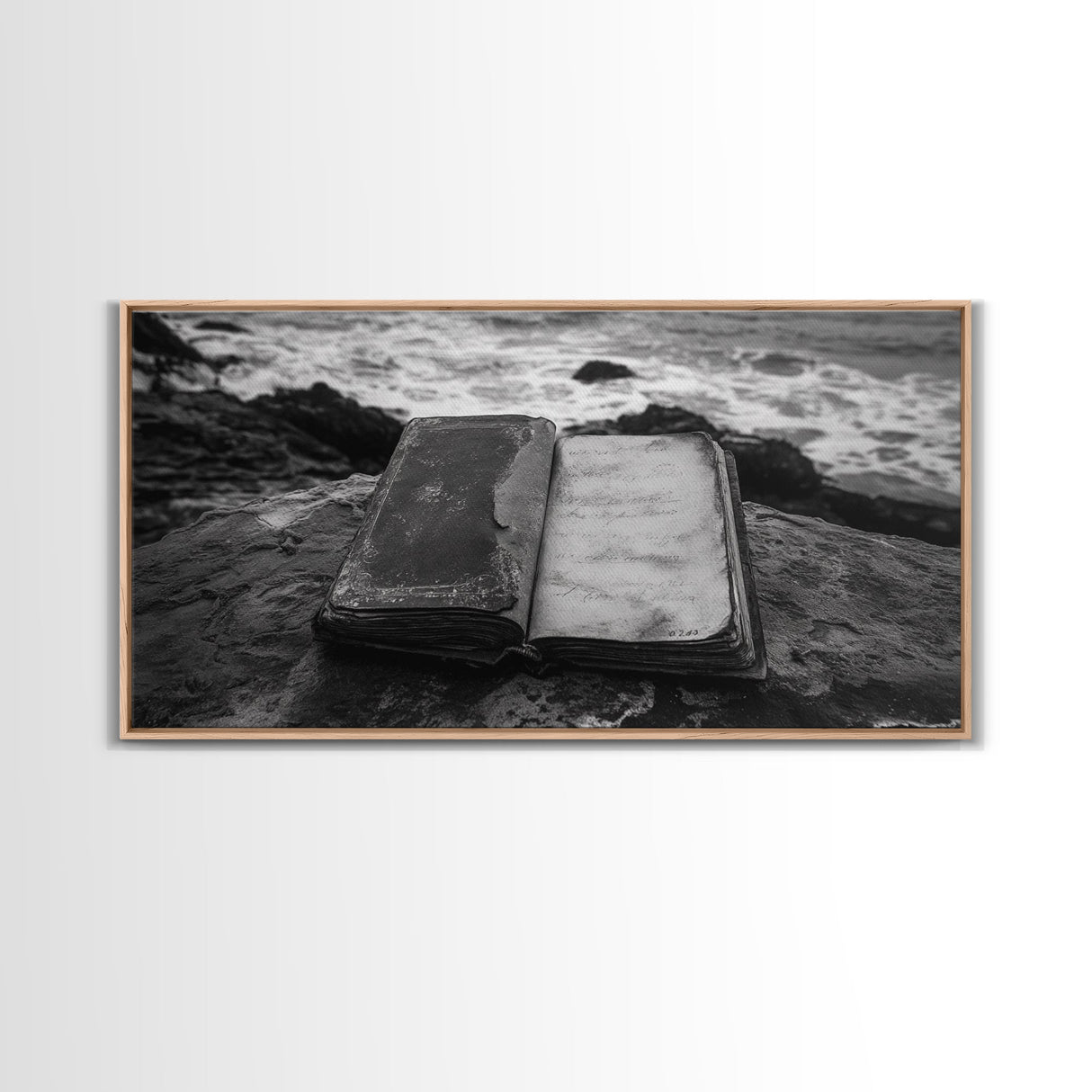 Weathered Journal Shore, Vintage Book, Ocean Background, Canvas Print, Antique Study Wall Art, Nautical Literary Photography