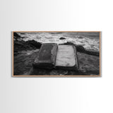 Weathered Journal Shore, Vintage Book, Ocean Background, Canvas Print, Antique Study Wall Art, Nautical Literary Photography