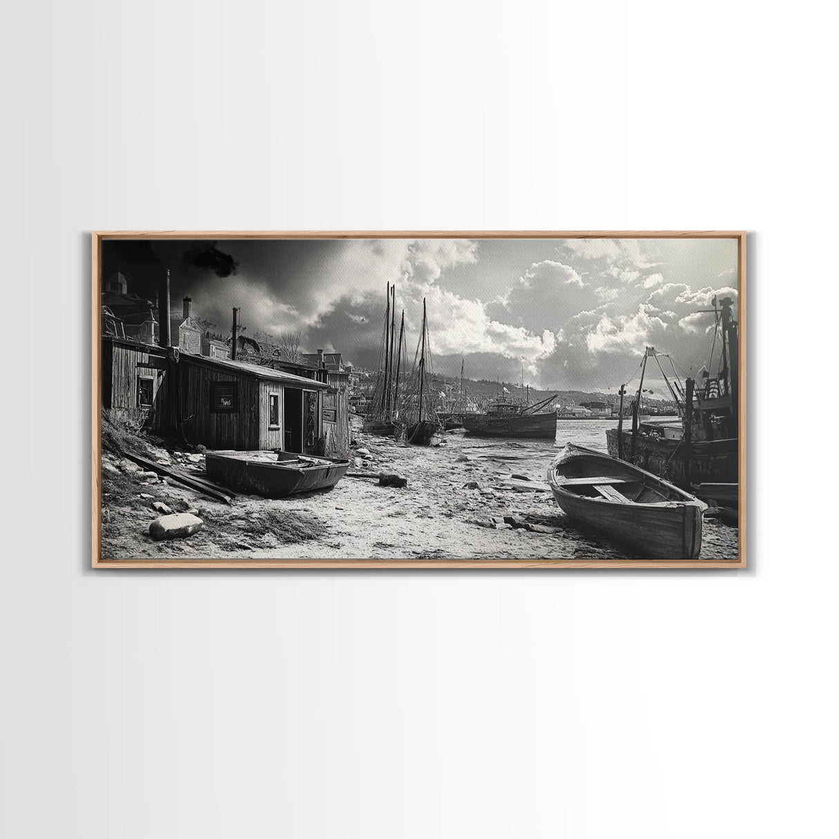 Old Fishing Harbor, Weathered Boats, Coastal Village Scene, Canvas Print, Nautical Kitchen Wall Art, Maritime Black and White Decor