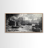 Old Fishing Harbor, Weathered Boats, Coastal Village Scene, Canvas Print, Nautical Kitchen Wall Art, Maritime Black and White Decor